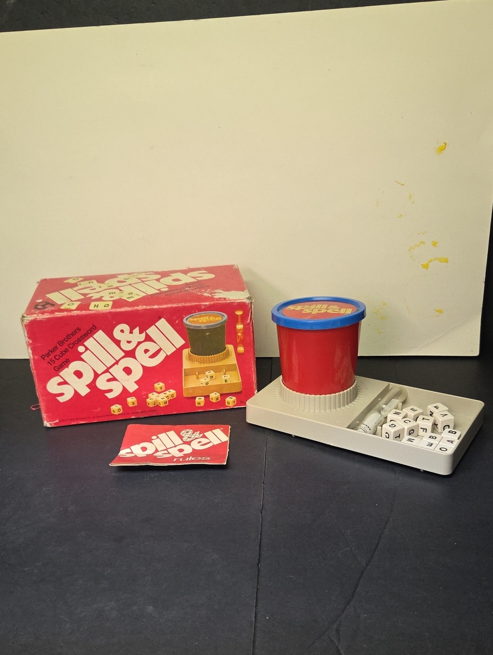 1970's Spill and Spell Game by Parker Brothers, Missing 2 Letter Cubes